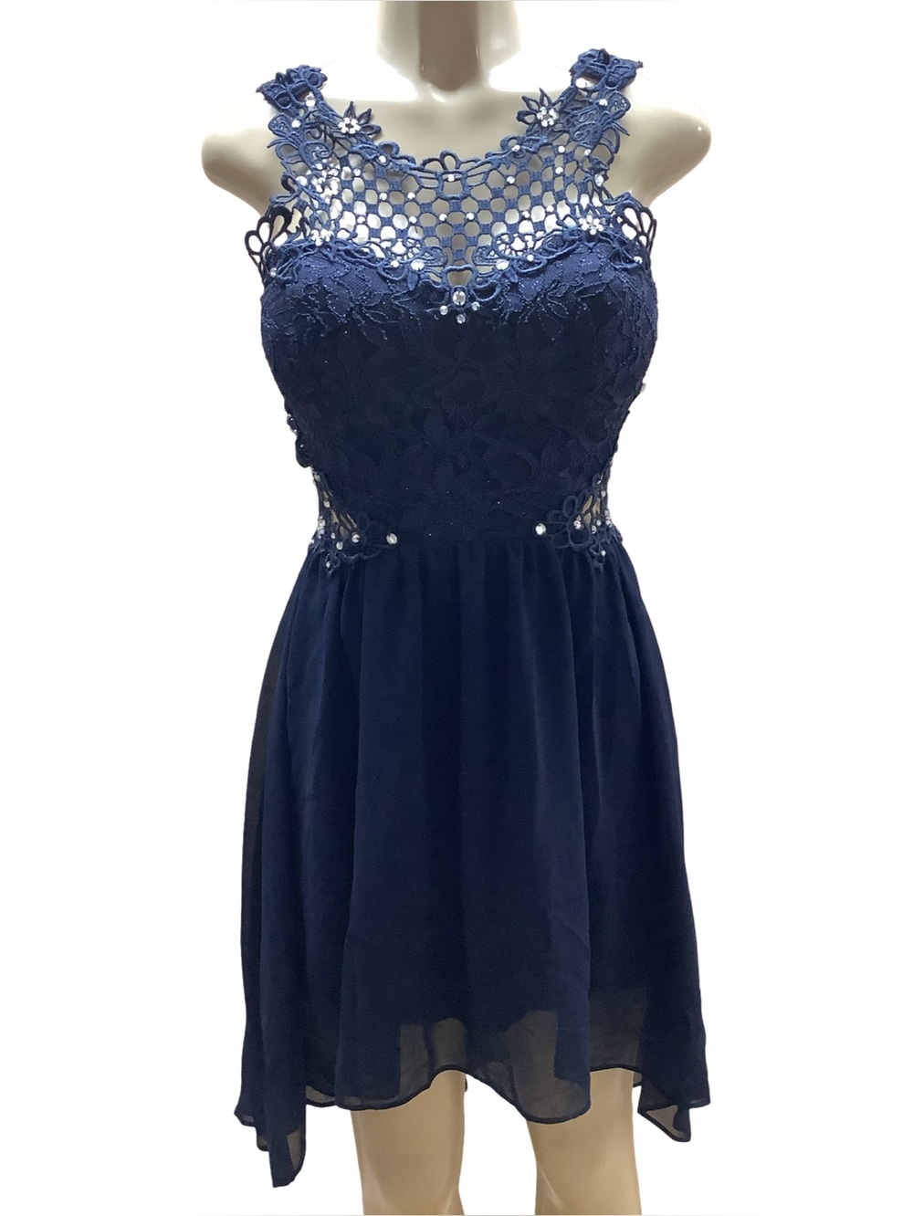 City Studio Size 3 Navy Blue Dress featuring an intricate crochet and rhinestone